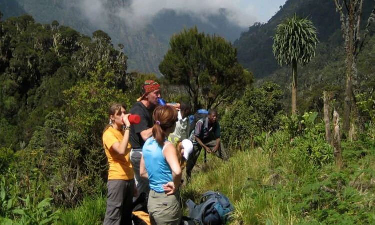 Hikers taking a water break with misty peaks behind