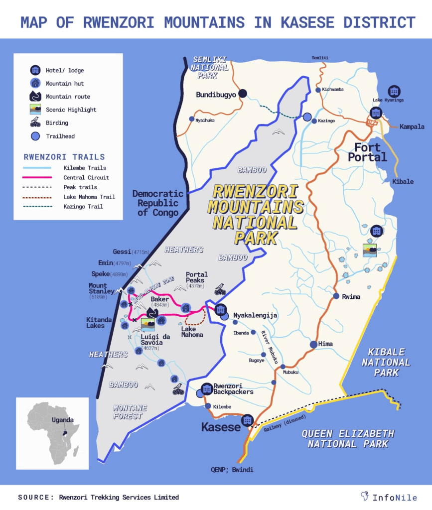 Map of Rwenzori Mountains National Park trails and Turaco Camp Site View — tap to get directions